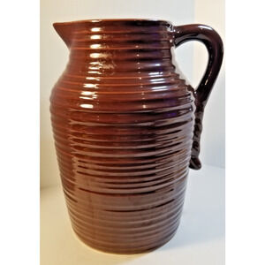 Brown Stoneware Pottery Pitcher vase Planter Ring/Rib Design 10" Vietnam
